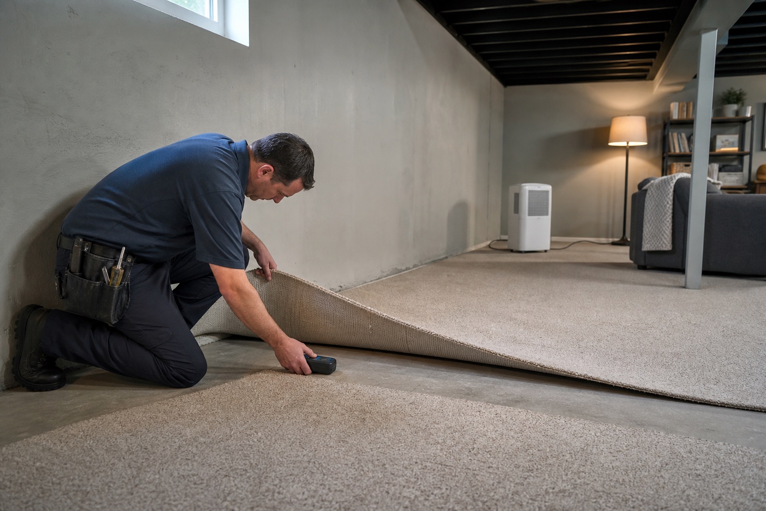 Water damage technician evaluating moisture conditions in a home